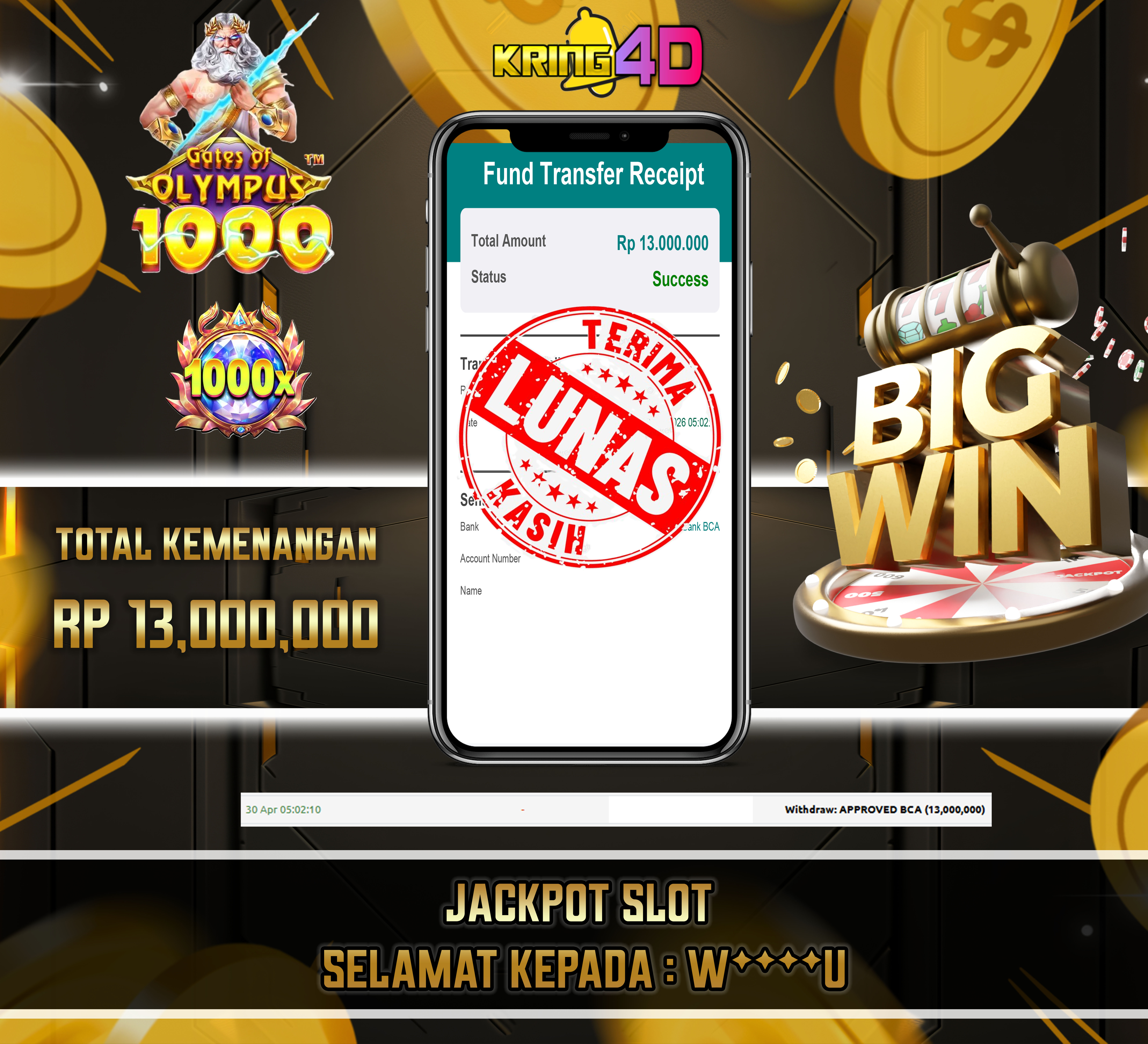 KRING4D JACKPOT Gates of Olympus 1000 RP 13,000,000