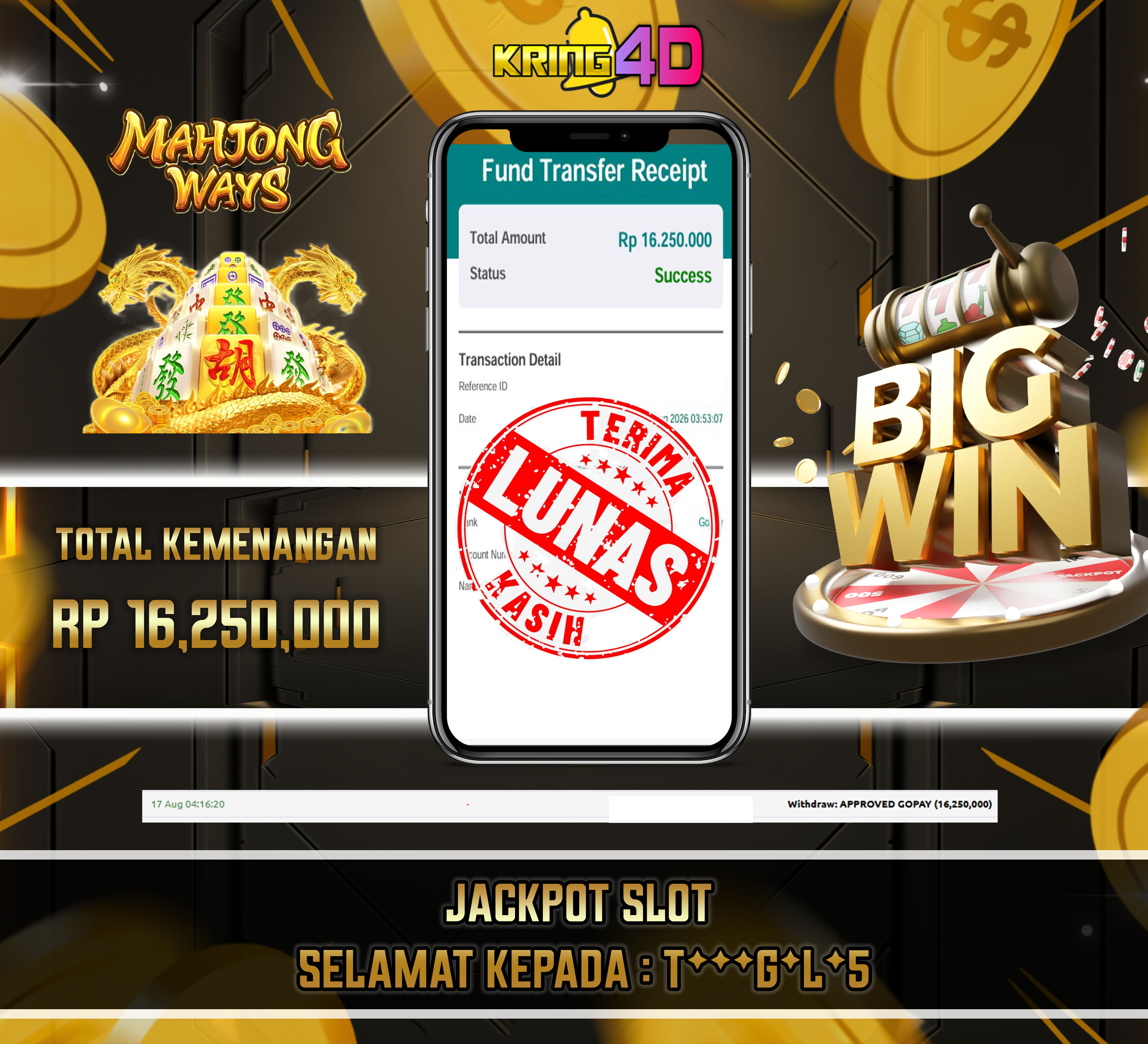 17 Aug 2026, Pukul 03:50:23 WIB, KRING4D JACKPOT Mahjong Ways RP 16,250,000 