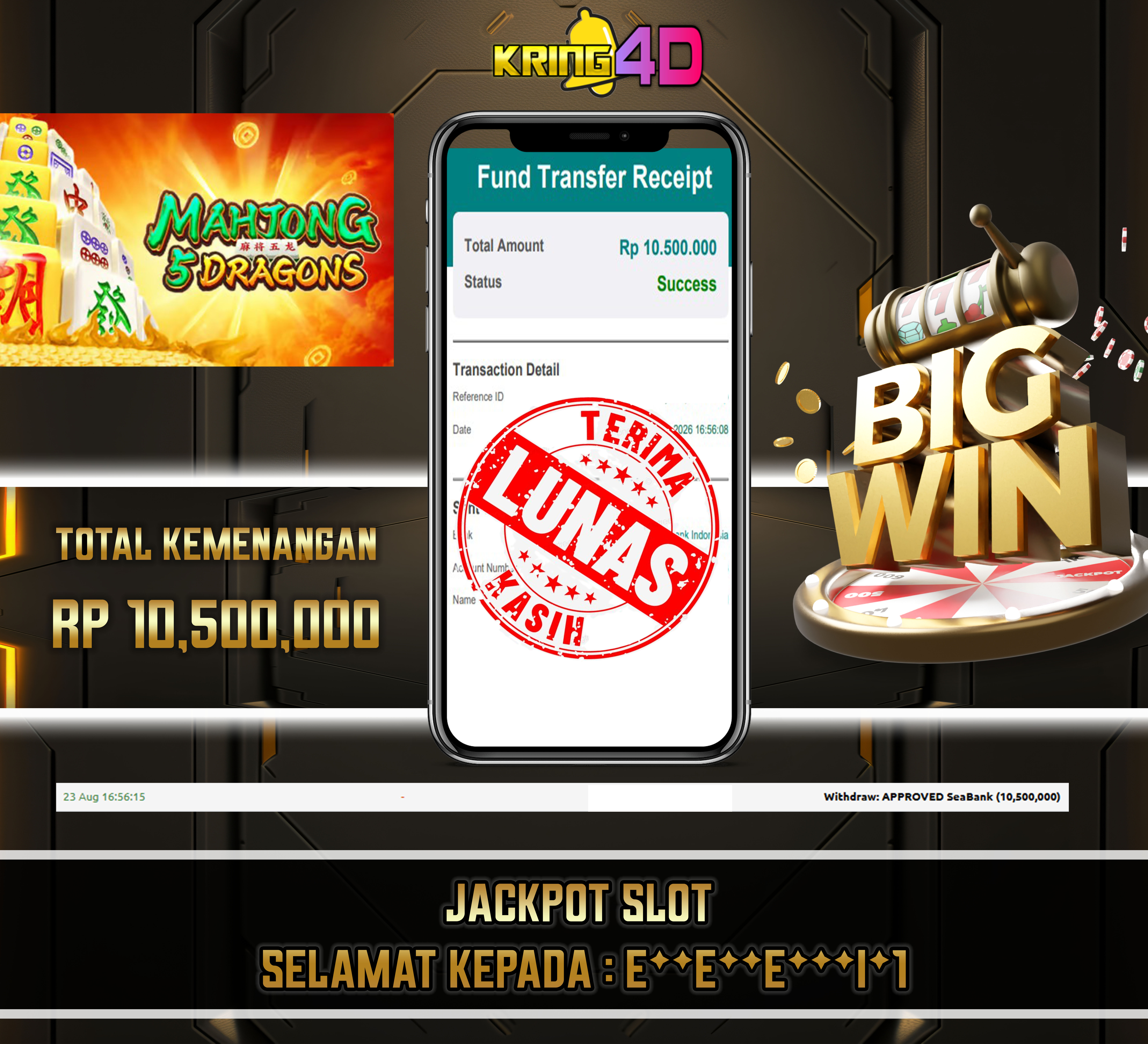 23 Aug 2026, 16:56:15 WIB, KRING4D JACKPOT MAHJONG 5 DRAGONS RP 10,500,000