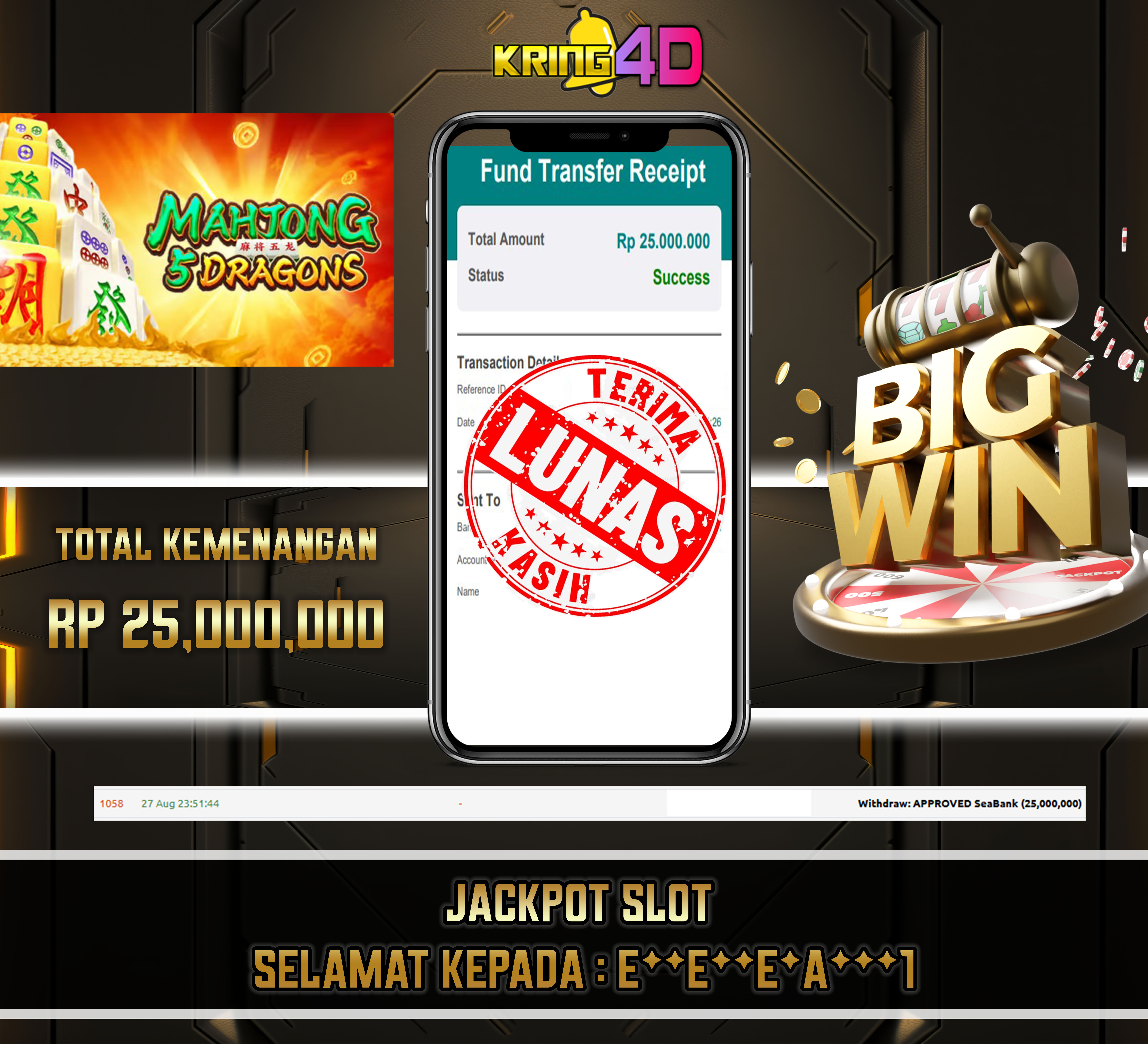 27 Aug 2026, 23:51:44 WIB, KRING4D JACKPOT MAHJONG 5 DRAGONS RP 25,000,000
