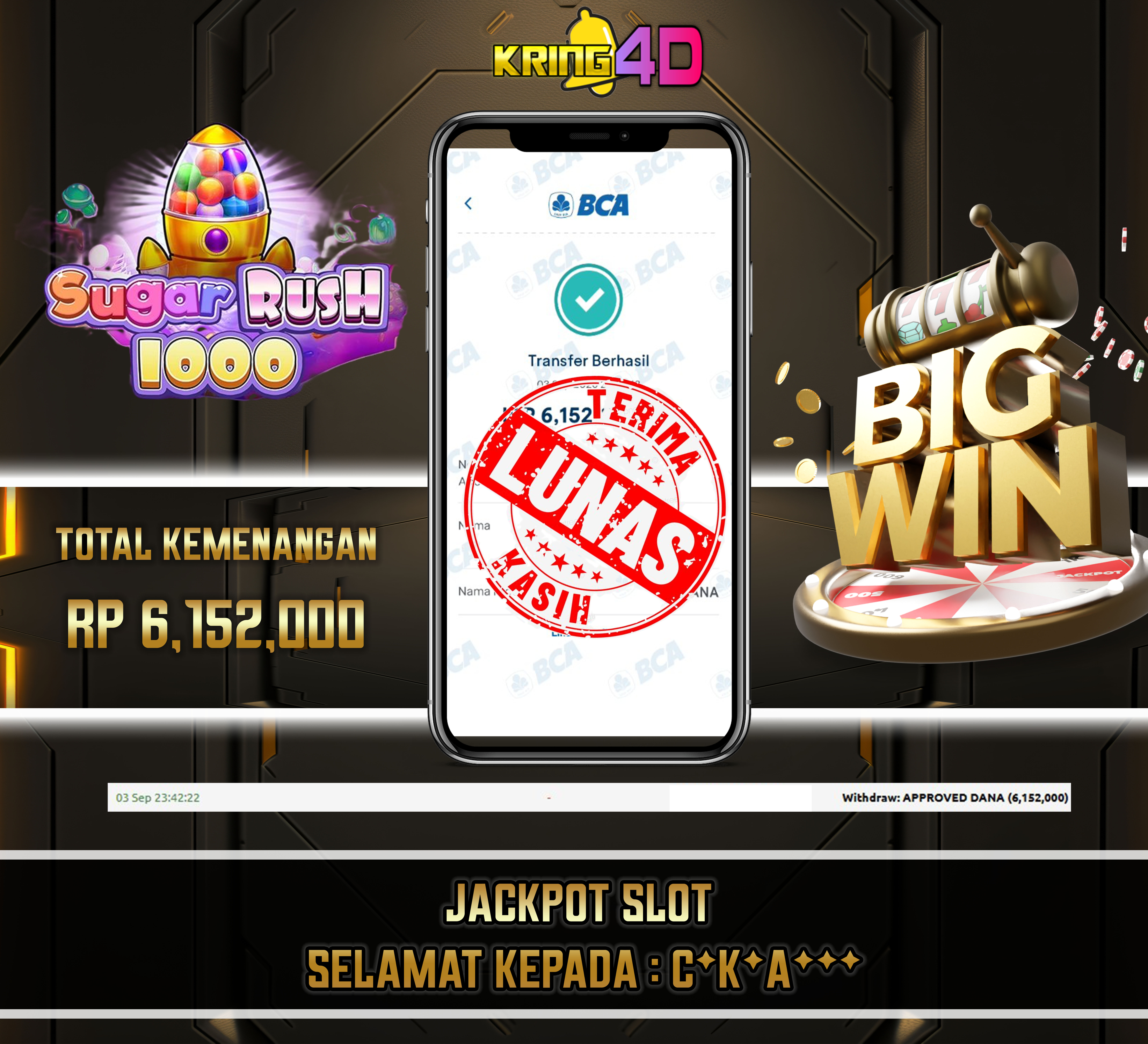 03 Sep 2026, Pukul 23:42:22 WIB,KRING4D JACKPOT Sugar Rush 1000 Rp 6,152,000