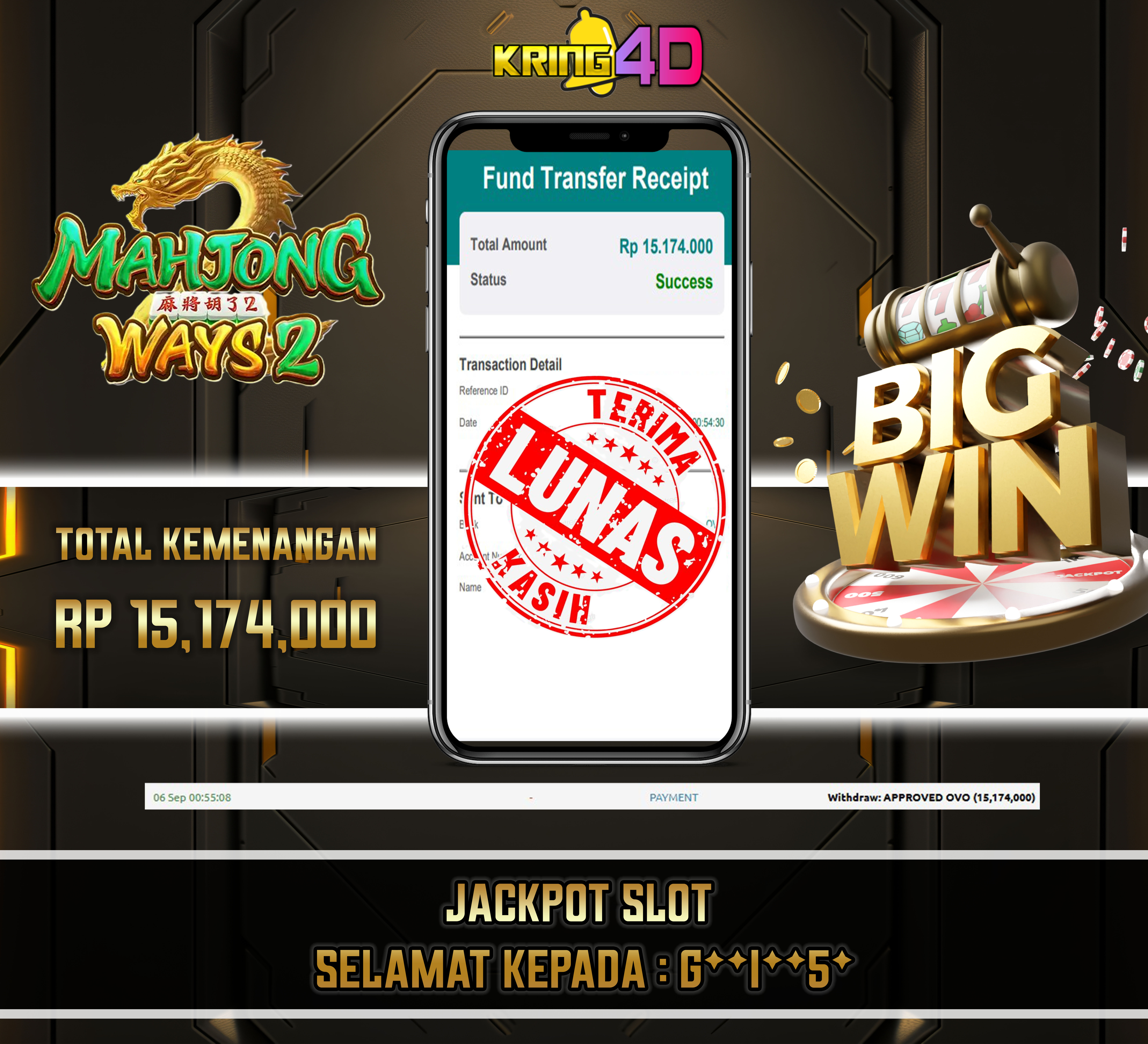 06 Sep 2026, Pukul 00:55:08 WIB,KRING4D JACKPOT mahjong-ways2 1000 Rp 15,174,000