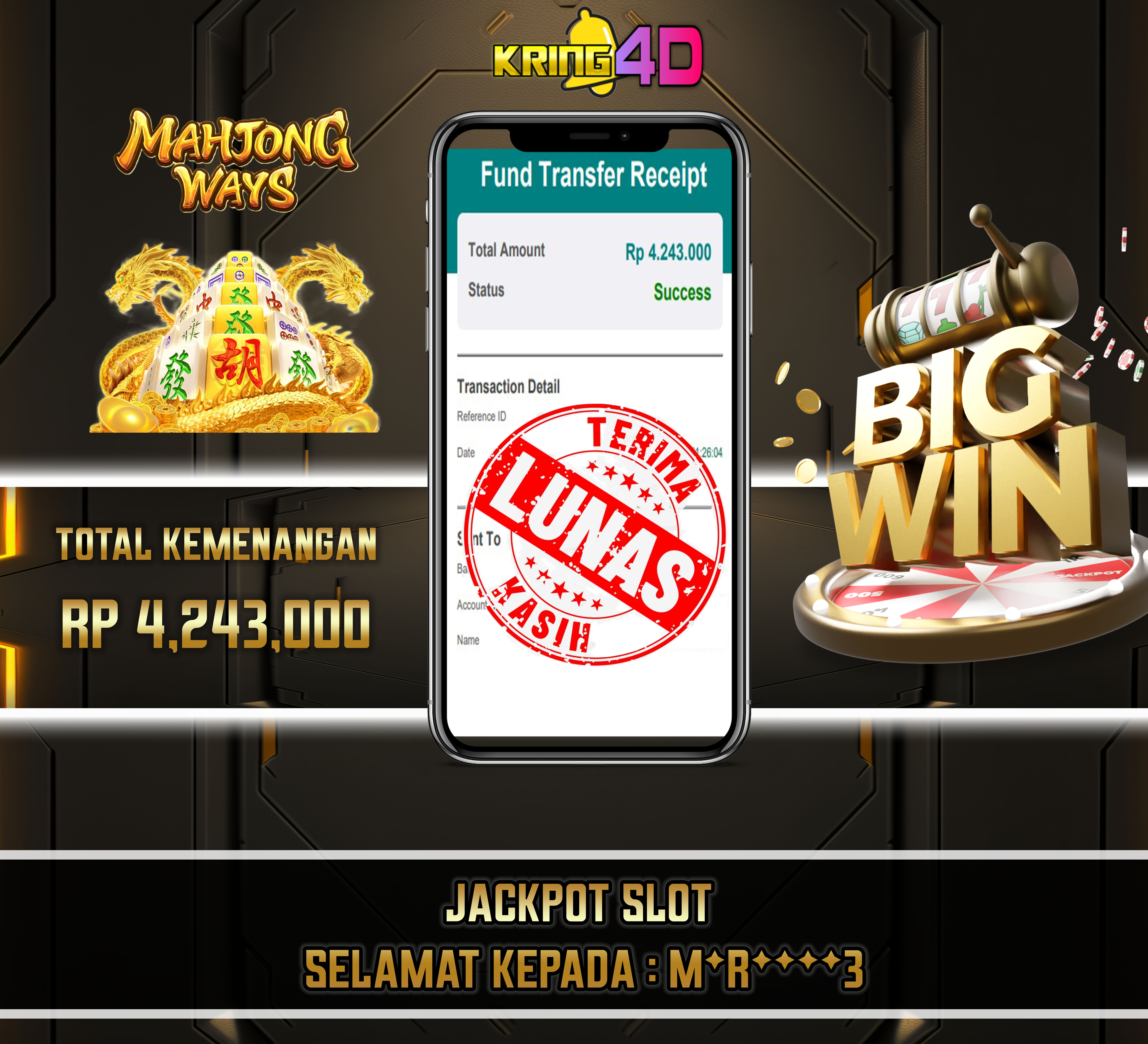 21 Sep 2026, Pukul 21:26:12 WIB,KRING4D JACKPOT Mahjong Ways Rp 4,243,000