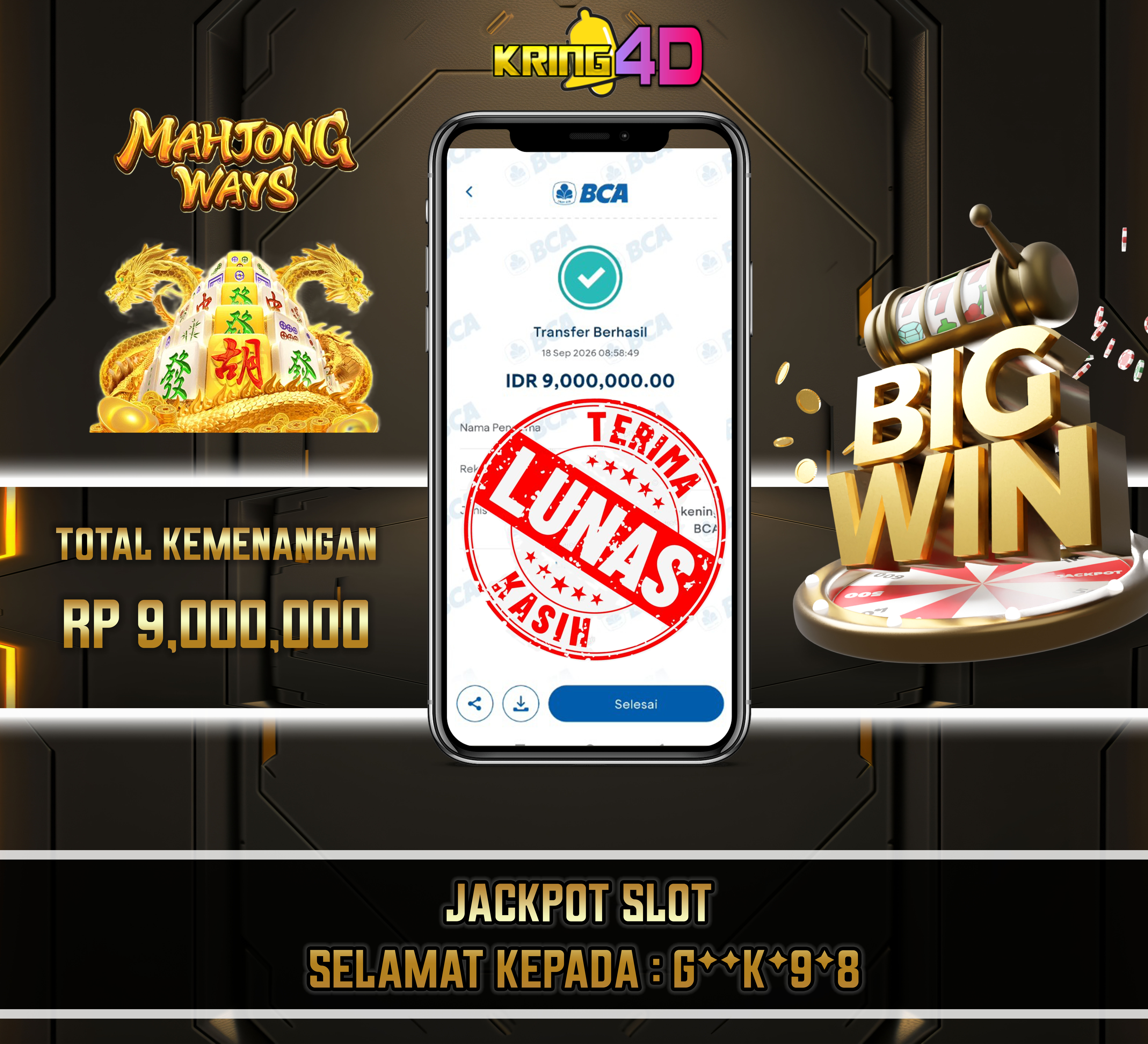 18 Sep 2026, Pukul 08:58:53 WIB,KRING4D JACKPOT Mahjong Ways Rp 9,000,000
