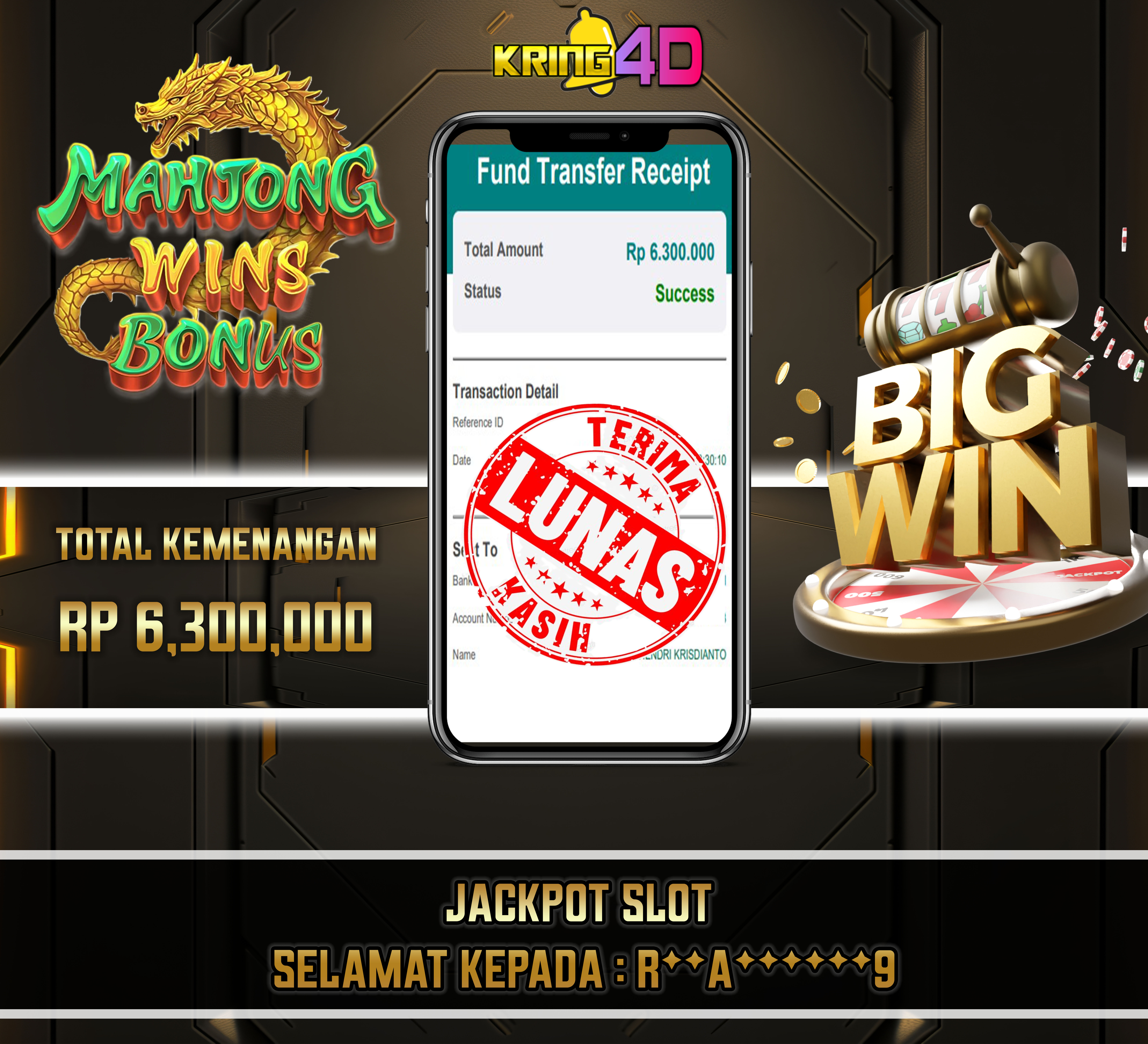 22 Sep 2026, Pukul 13:30:23 WIB,KRING4D JACKPOT Mahjong Wins Bonus Rp 6,300,000