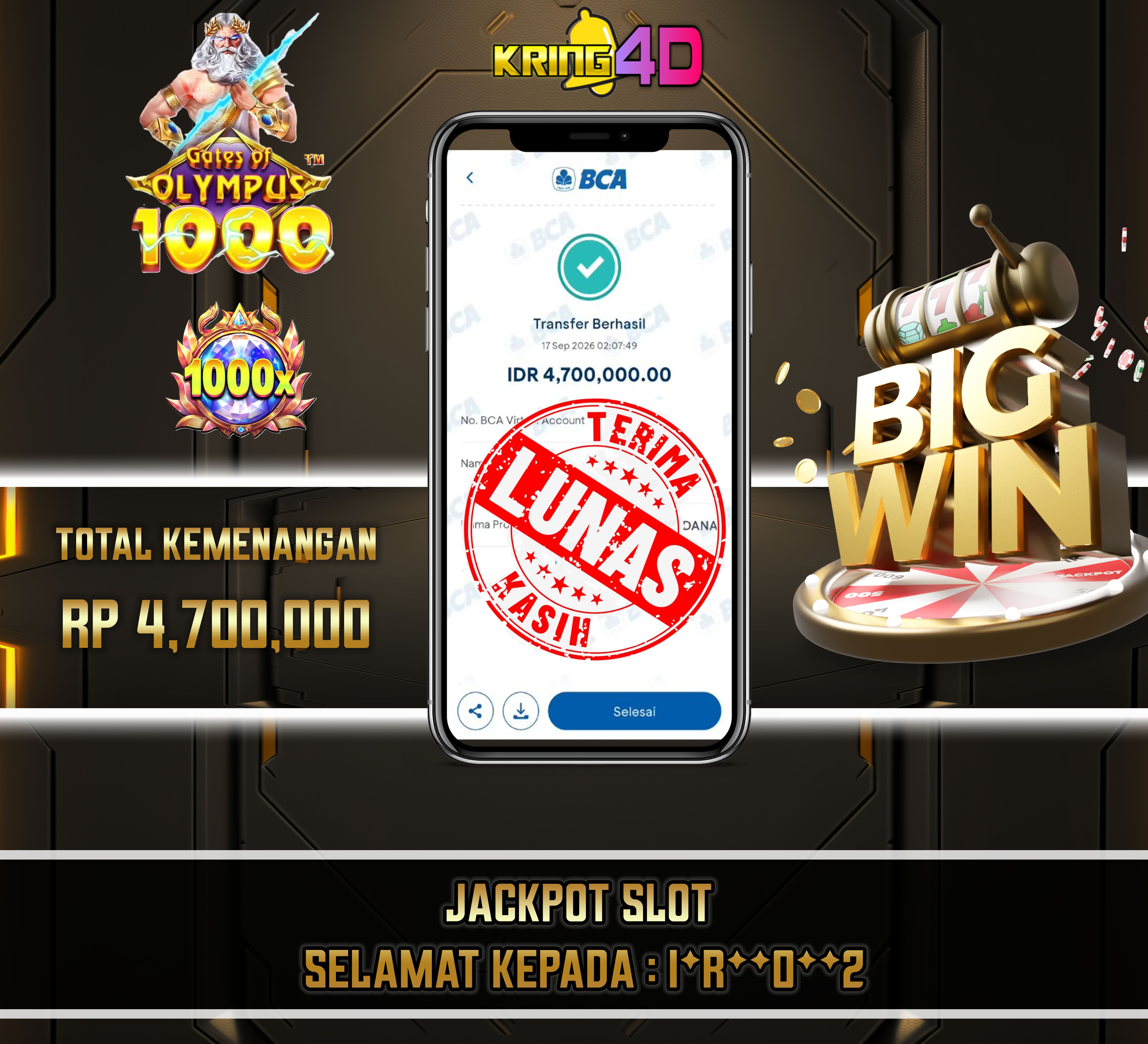 17 Sep 2026, Pukul 02:07:54 WIB,KRING4D JACKPOT Gates of Olympus 1000 Rp 4,700,000