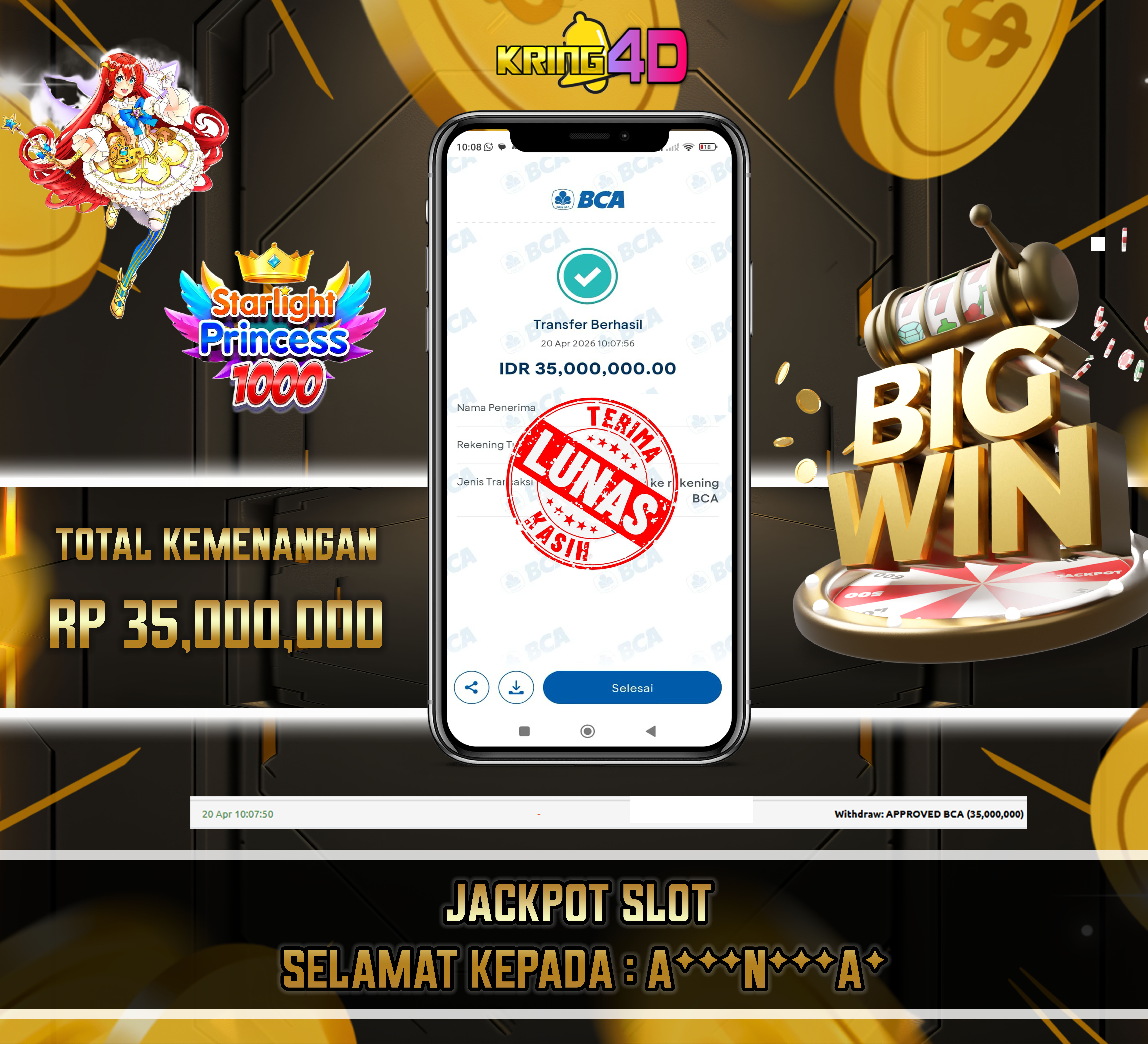 KRING4D JACKPOT Starlight Princess 1000 RP 35,000,000