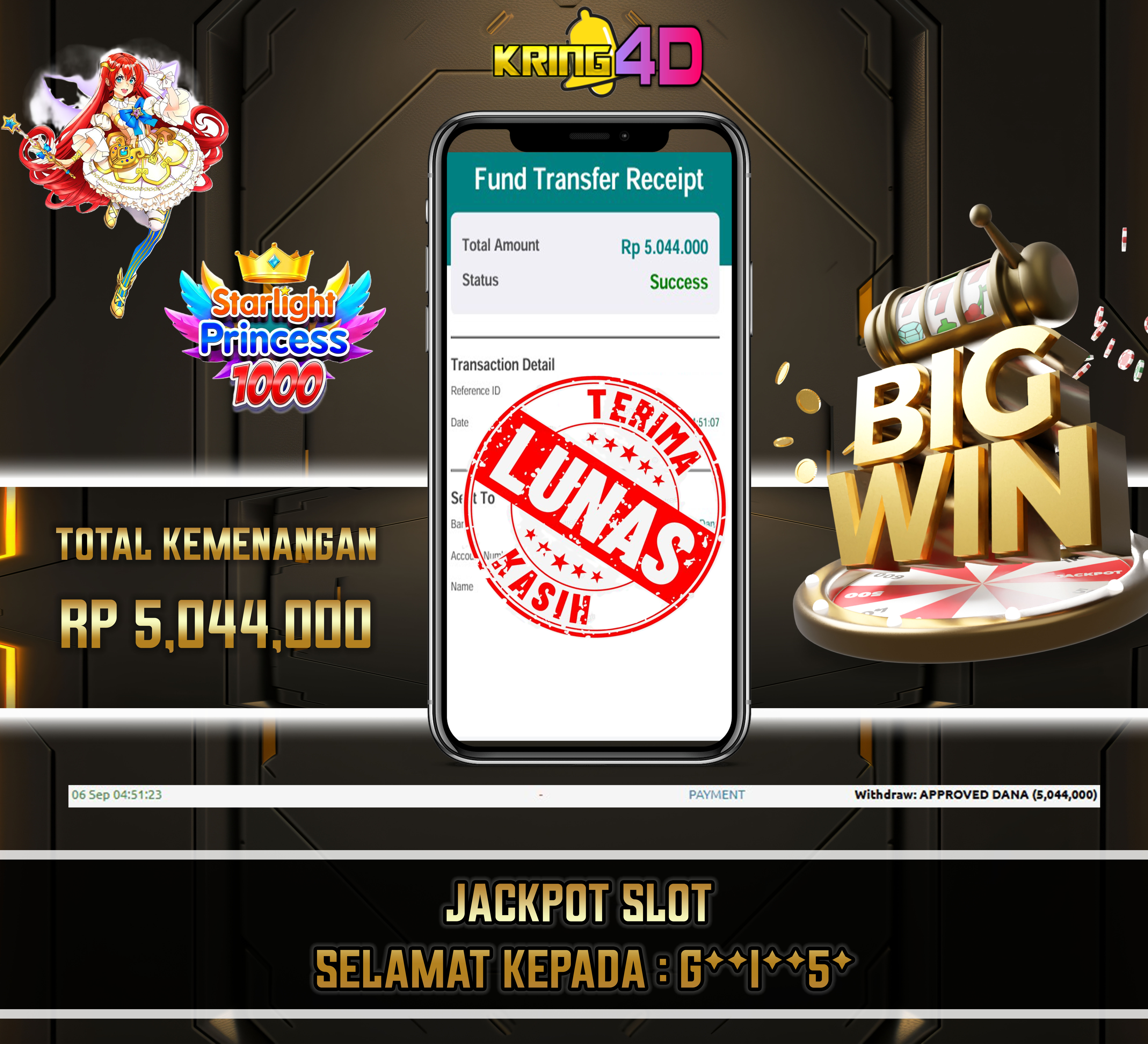 06 Sep 2026, Pukul 04:51:23 WIB,KRING4D JACKPOT Starlight Princess 1000 Rp 5,044,000
