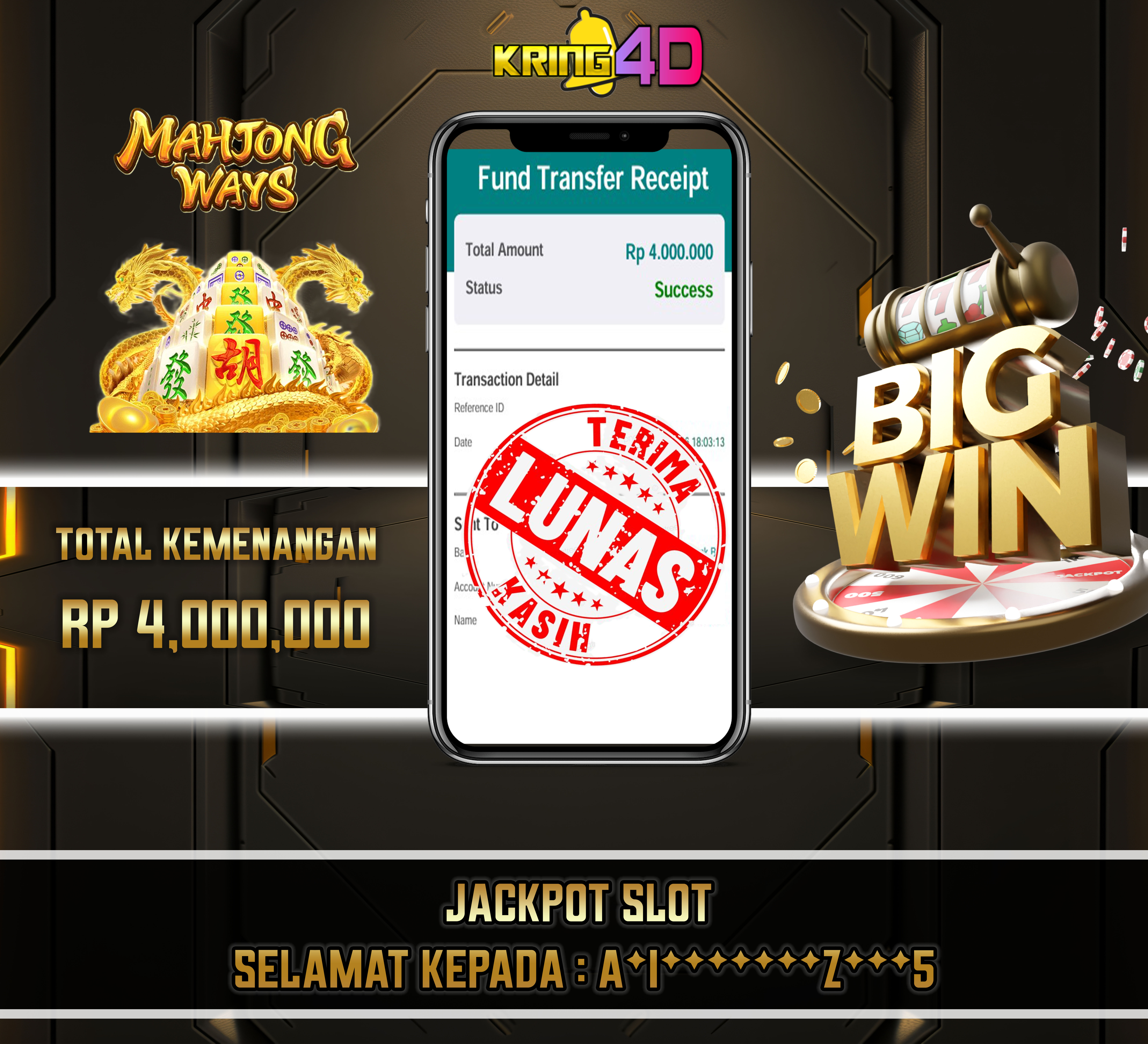 22 Sep 2026, Pukul 18:03:28 WIB,KRING4D JACKPOT Mahjong Ways Rp 4,000,000